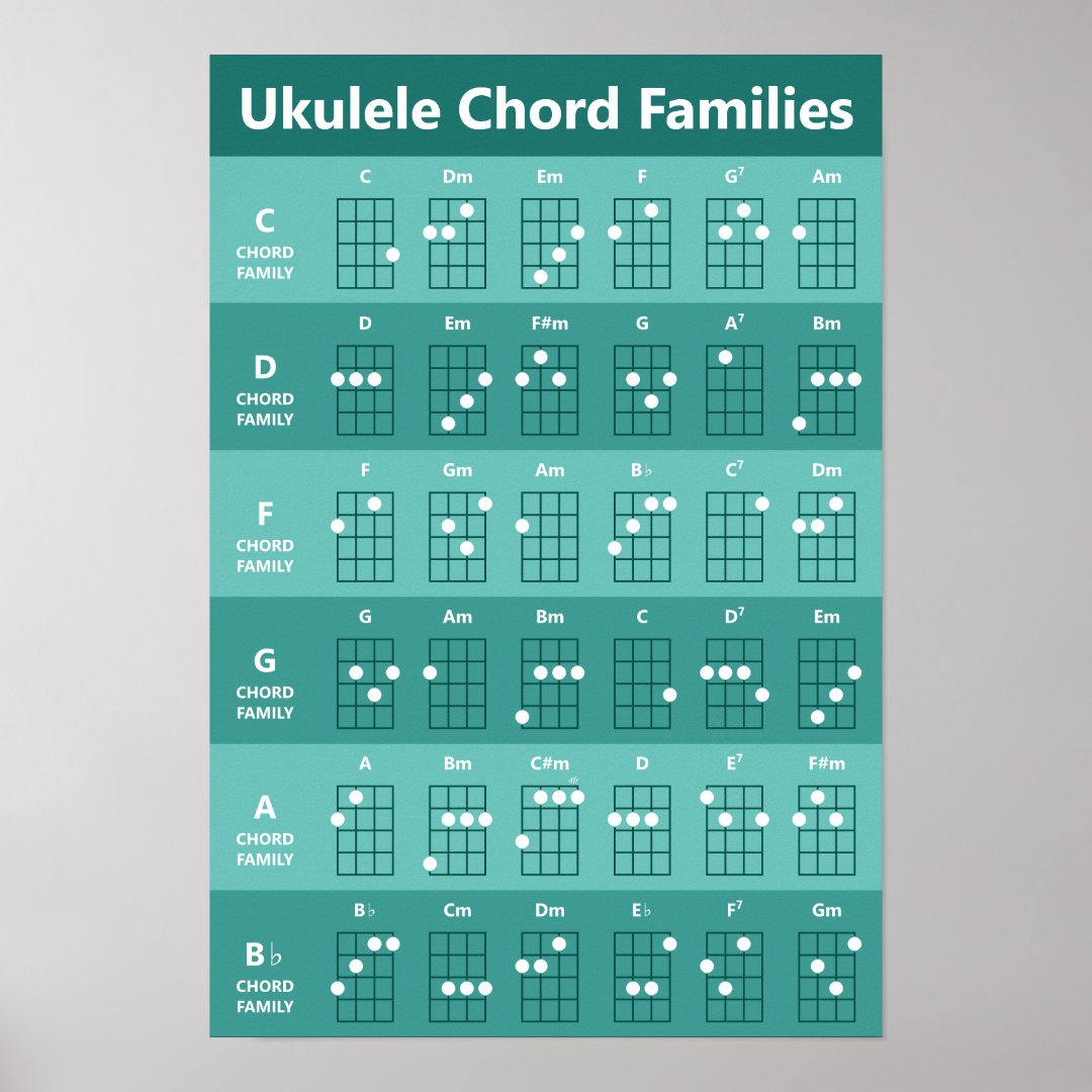 Ukulele Chord Families Chord Chart Teal Monochrome Zazzle