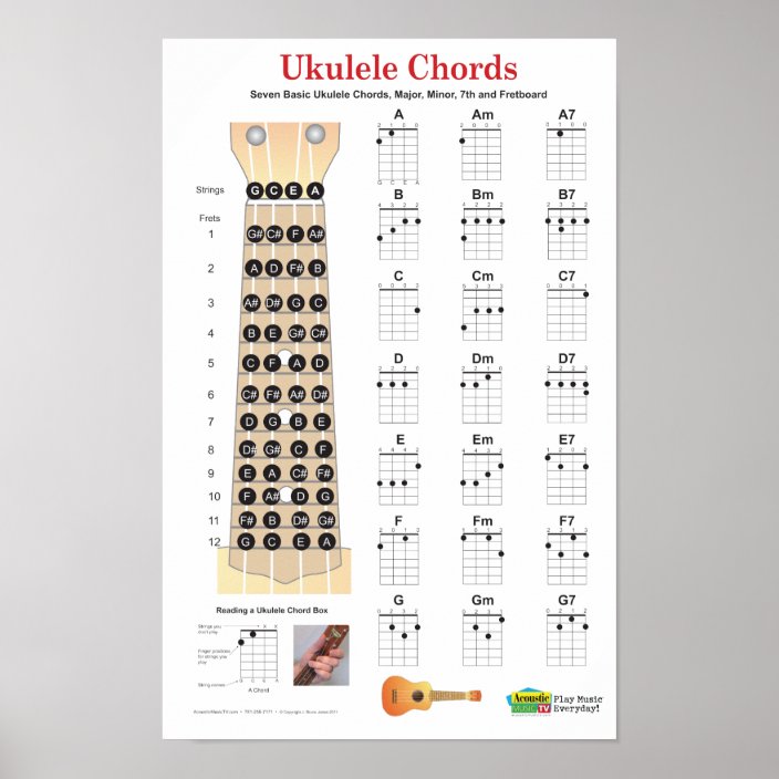 ukulele chords finger chart and fretboard poster zazzlecomau