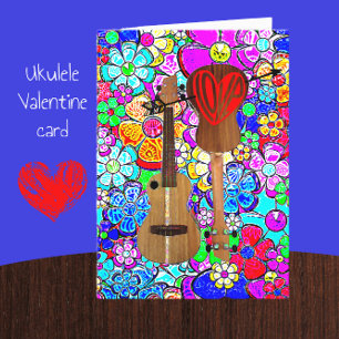 Ukulele Music Mod Flowers Happy Valentine's Day Card