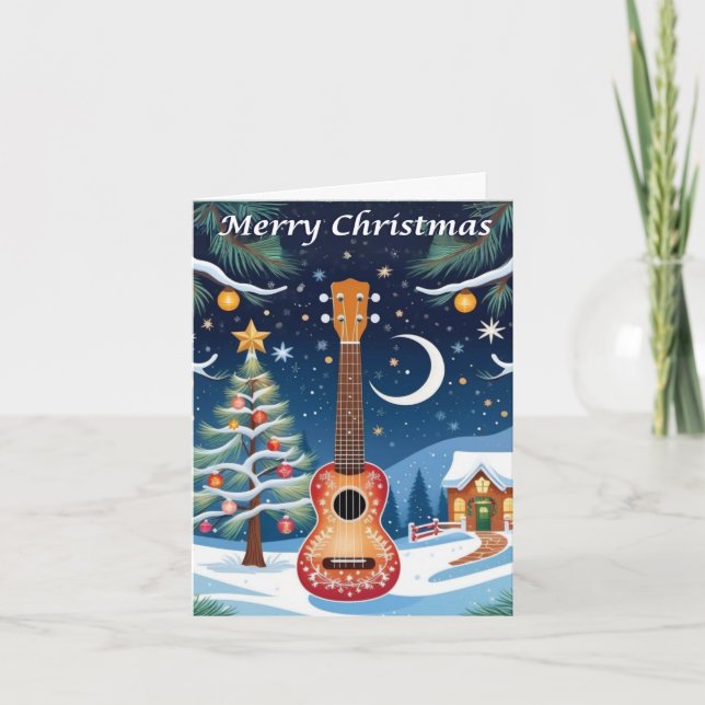 Ukulele Musical Instrument Snow Tree Christmas Holiday Card (Front)
