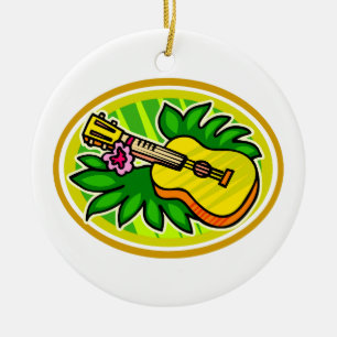 Ukulele With Leaves and Flower Circle , Yellow Ceramic Ornament