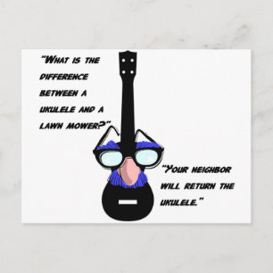Ukuleles and lawnmowers postcard