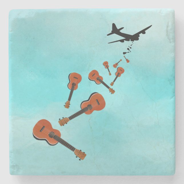 Ukuleles dropping from and aeroplane stone coaster (Front)