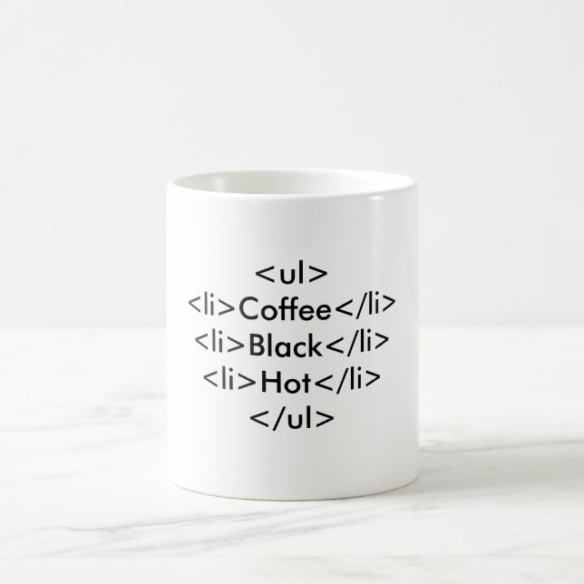 <ul><li>Coffee</li><li>Black</li><li>Hot</li></... Coffee Mug (Center)