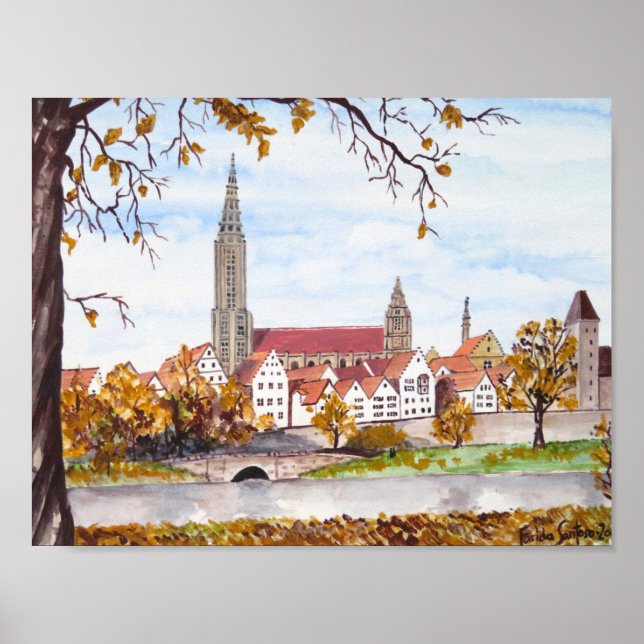Ulm Cathedral in Germany Painting Square Acrylic Poster (Front)