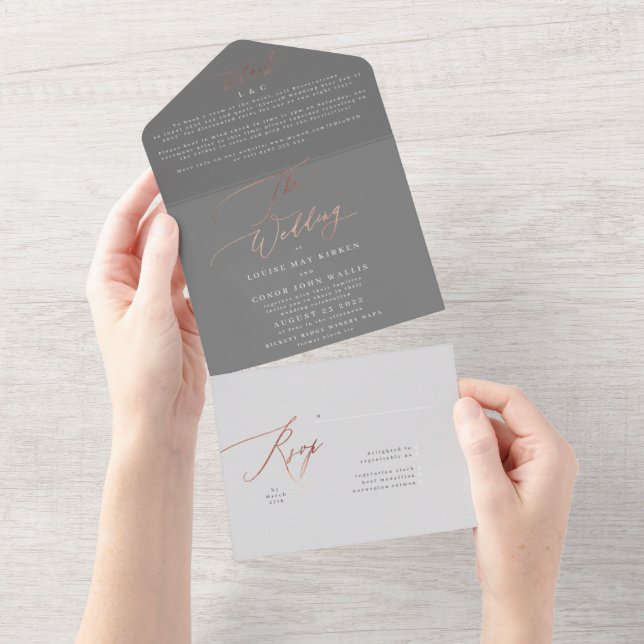 Ultimate Elegant Grey Simple Rose Gold Wedding All In One Invitation (Tearaway)