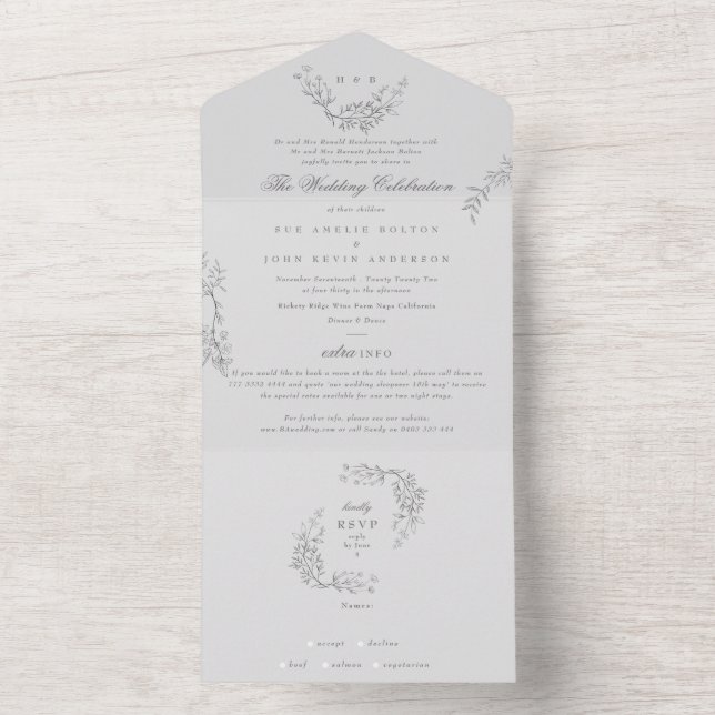 Ultimate Floral Grey Traditional Monogram Wedding All In One Invitation (Inside)