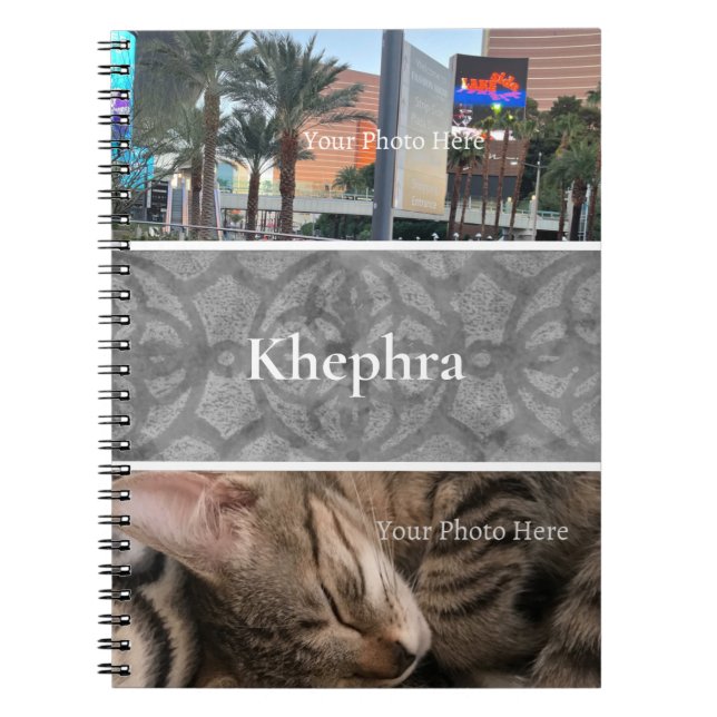 Ultimate Grey Batik Photo Collage, Border, Name Notebook (Front)