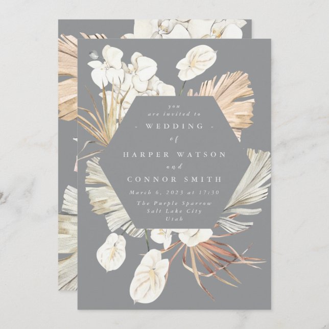 Ultimate Pampas Grass Floral Tropical Grey Wedding Invitation (Front/Back)