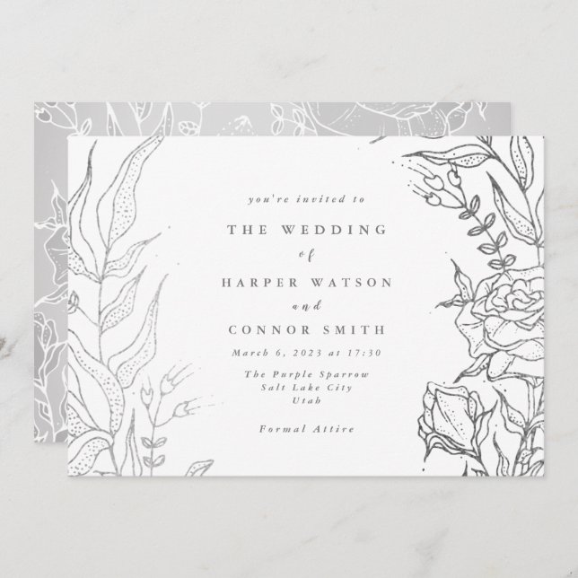 Ultimate Rose Grey Silver Elegant Floral Wedding Invitation (Front/Back)
