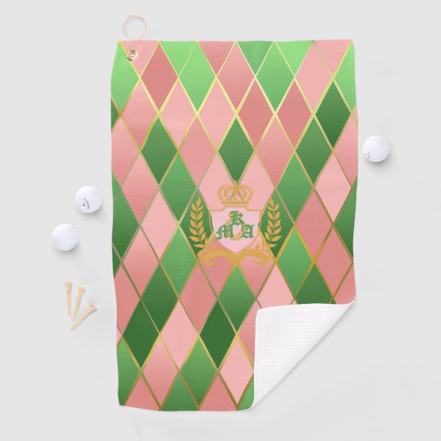 Ultra Chic Preppy Pink Green Argyle Monogram Crest Golf Towel (InSitu)