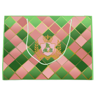 Ultra Chic Preppy Pink Green Argyle Monogram Crest Large Gift Bag