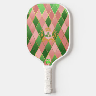 Ultra Chic Preppy Pink Green Argyle Monogram Crest Pickleball Paddle
