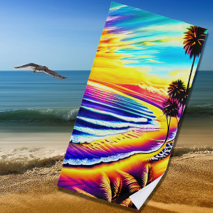 Ultra-Colourful Beach Sunset Waves & Palm Trees Beach Towel