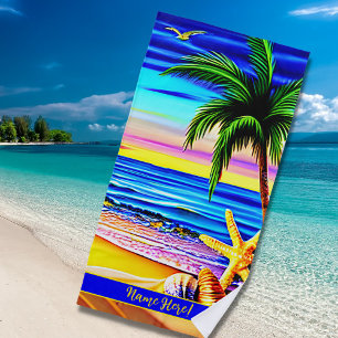 Ultra-Colourful Beach Waves Palm Tree & Starfish Beach Towel