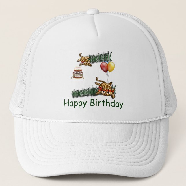Ultra Cute Leopard Safari Birthday Invitations Wit Trucker Hat (Front)