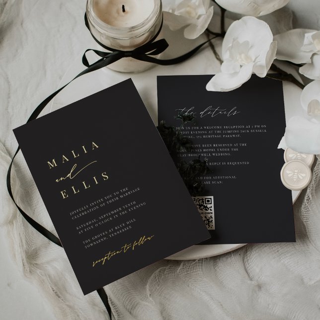 Ultra Minimal All in One Wedding Gold (Moody minimalist gold foil wedding invitations)