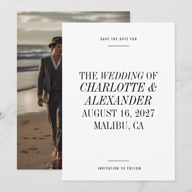 Ultra Minimal Typography Black White Photo Wedding Save The Date (Front/Back)