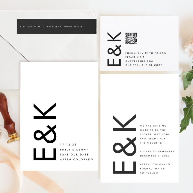 Ultra Modern Black & White Non-Photo Monogram Save The Date (Announcement showcasing suite - additional items (bought separately))