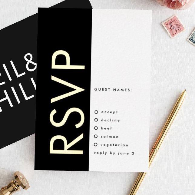 Ultra Modern Bold Black Names 2 x RSVP GOLD (**NB READ PRODUCT DESCRIPTION - DIY FOIL RSVP)