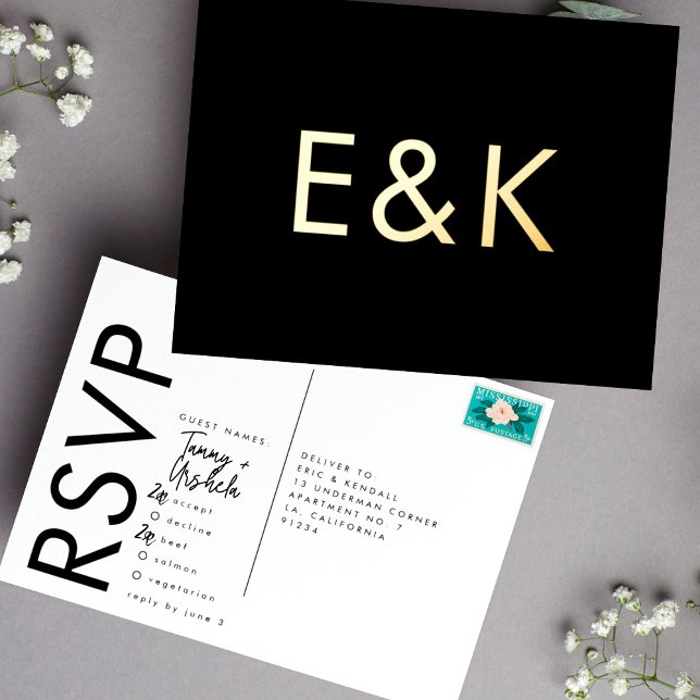 Ultra Modern Bold MONOGRAM RSVP GOLD FOIL POSTCARD (Creator Uploaded)