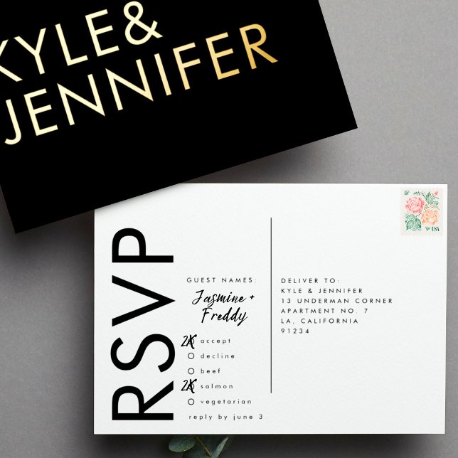 Ultra Modern Bold Names RSVP GOLD FOIL POSTCARD (Creator Uploaded)