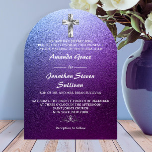 Ultra Modern Purple Glitter Cross Arched Invitation