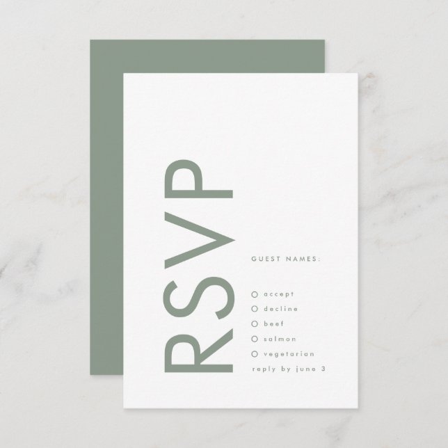 Ultra Modern Sage Green Monogram Simple Wedding RSVP Card (Front/Back)