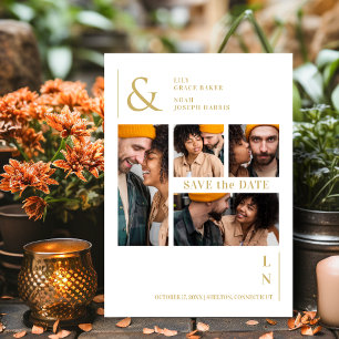 Ultra Modern Trendy White & Gold 4 Multi Photos Save The Date
