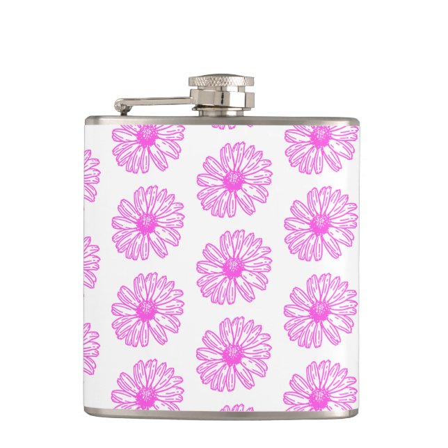 Ultra Pink Daisy Flower Print, Hippie Floral Hip Flask (Front)