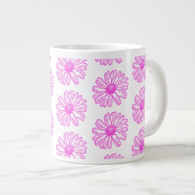 Ultra Pink Daisy Flower Print, Hippie Floral Large Coffee Mug (Front Right)