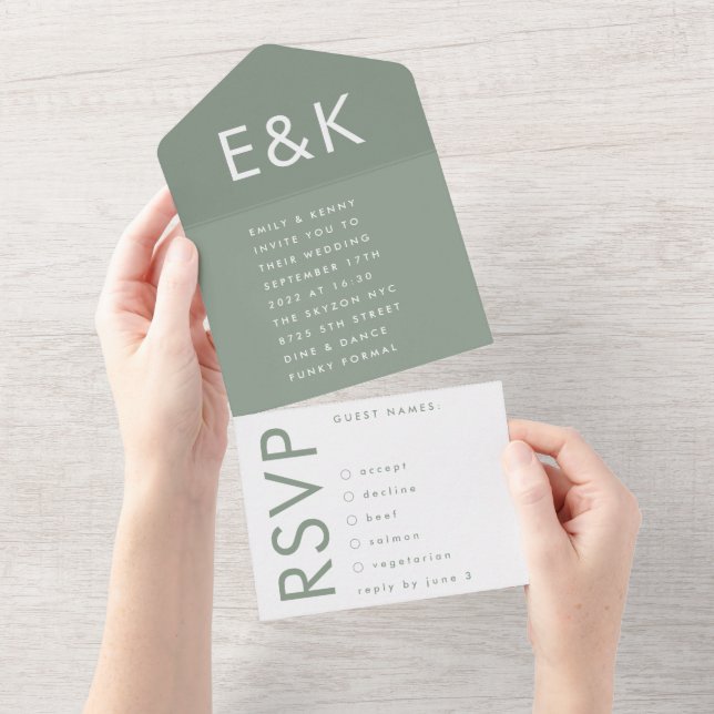 Ultra Sage Green Bold Big Monogram Simple Wedding All In One Invitation (Tearaway)