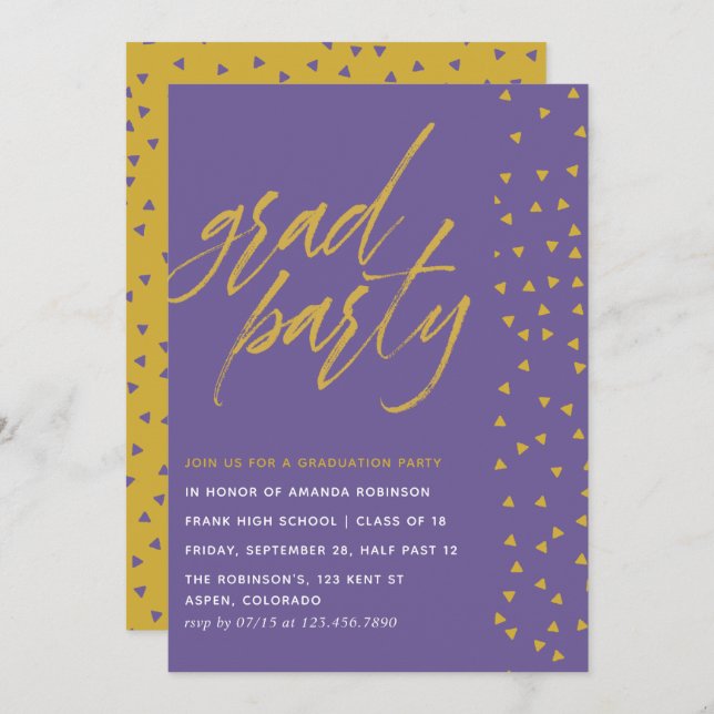 Ultra Violet and Gold confetti Graduation Party Invitation (Front/Back)
