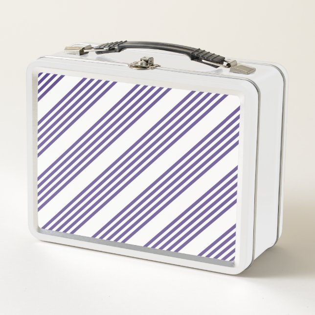 Ultra violet and white five stripe pattern metal lunch box (Front)