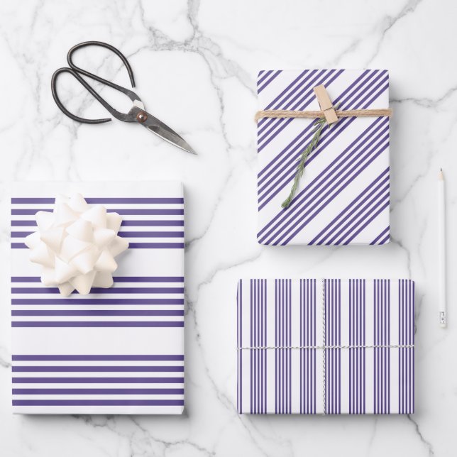 Ultra violet and white five stripe pattern wrapping paper sheet (Front)