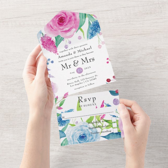 Ultra Violet colour combo Floral Wedding All In On One Invitation (Tearaway)