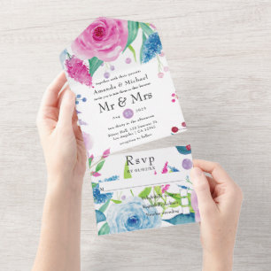Ultra Violet colour combo Floral Wedding All In On One Invitation
