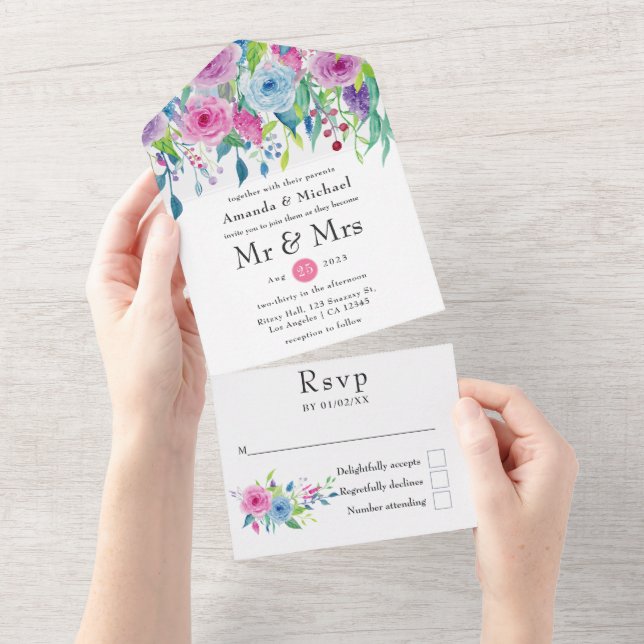 Ultra Violet colour combo Floral Wedding All In One Invitation (Tearaway)