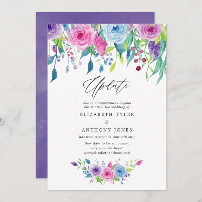 Ultra Violet colour combo Floral Wedding Update Invitation (Front/Back)