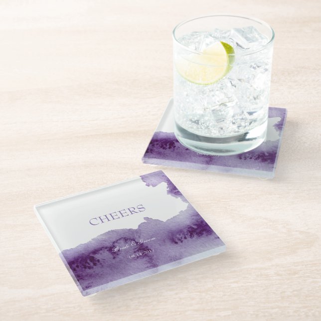 Ultra Violet Elegant Watercolor Wedding Cheers Glass Coaster (Angled)