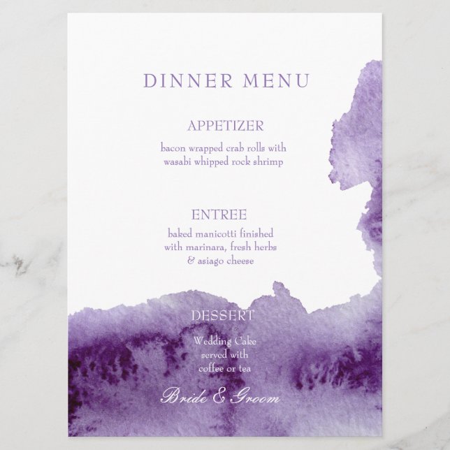 Ultra Violet Elegant Watercolor Wedding Menu (Front)