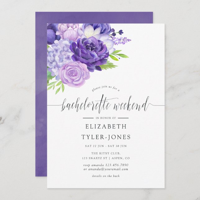 Ultra Violet Floral Bachelorette Weekend Itinerary Invitation (Front/Back)