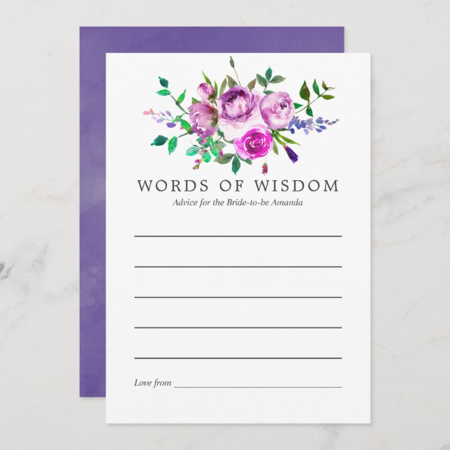 Ultra Violet Floral Bridal Shower Advice for Bride Invitation (Front/Back)