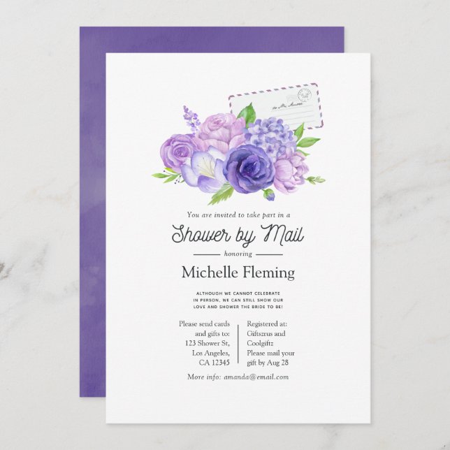 Ultra Violet Floral Bridal Shower by Mail Invitation (Front/Back)