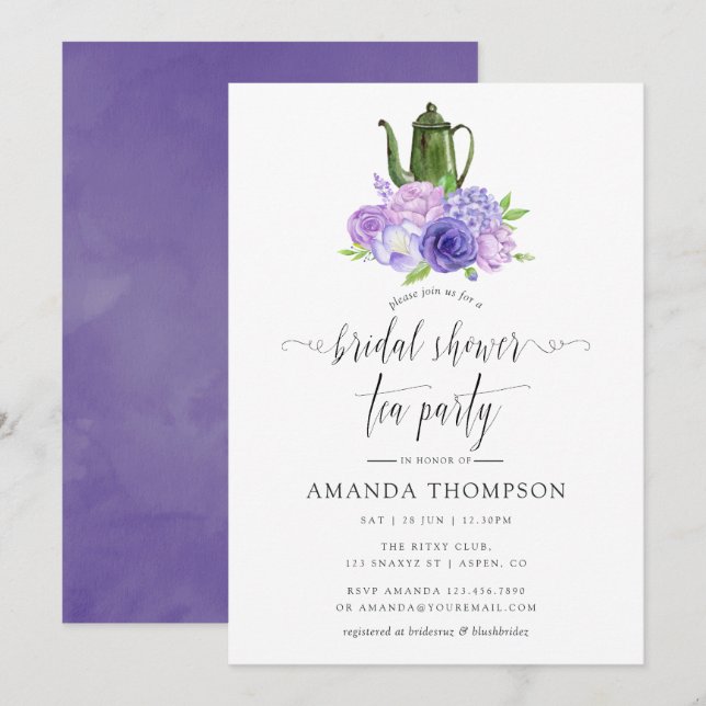 Ultra Violet Floral Bridal Shower Tea Party Invitation (Front/Back)