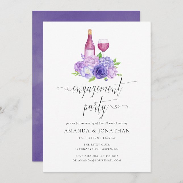 Ultra Violet Floral Engagement Party Wine Tasting Invitation (Front/Back)