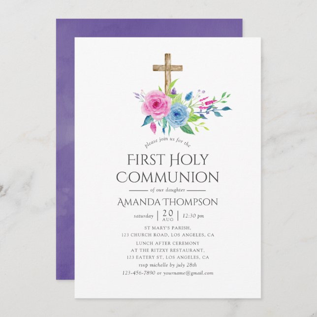 Ultra Violet  Floral First Holy Communion Invitation (Front/Back)