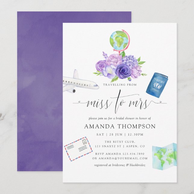 Ultra Violet Floral Miss To Mrs Bridal Shower Invitation (Front/Back)