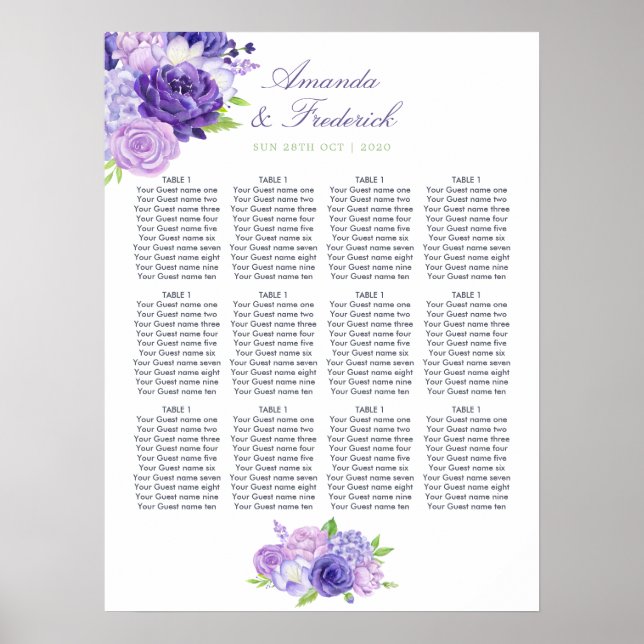 Ultra Violet Floral Wedding Seating Chart (Front)