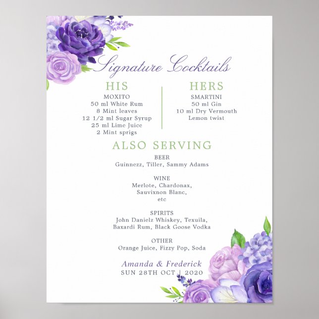 Ultra Violet Floral Wedding Signature Cocktails Poster (Front)